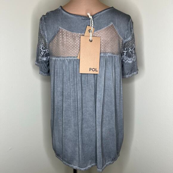 POL Top Womens Size Small Acid Wash Gray Lace Jersey Knit Tee Blouse Bohemian - Picture 3 of 7